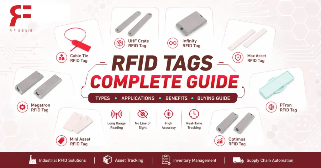 Center infographic titled 'RFID TAGS COMPLETE GUIDE' with various tag types arranged around it
