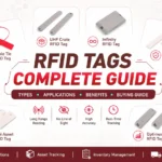 Center infographic titled 'RFID TAGS COMPLETE GUIDE' with various tag types arranged around it