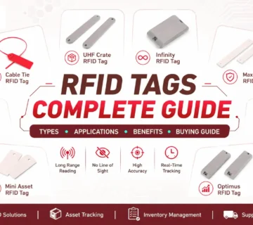 Center infographic titled 'RFID TAGS COMPLETE GUIDE' with various tag types arranged around it