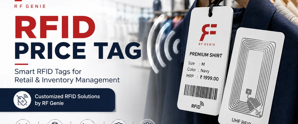RFID price tag promo banner for RFID solution—retail inventory tagging and management by RF Genie with product tags on clothing 