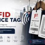 RFID price tag promo banner for RFID solution—retail inventory tagging and management by RF Genie with product tags on clothing 