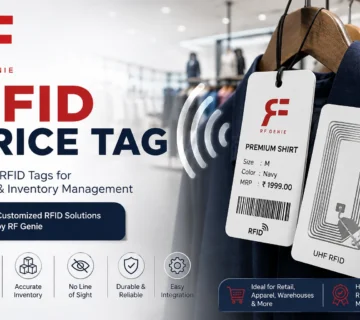 RFID price tag promo banner for RFID solution—retail inventory tagging and management by RF Genie with product tags on clothing 
