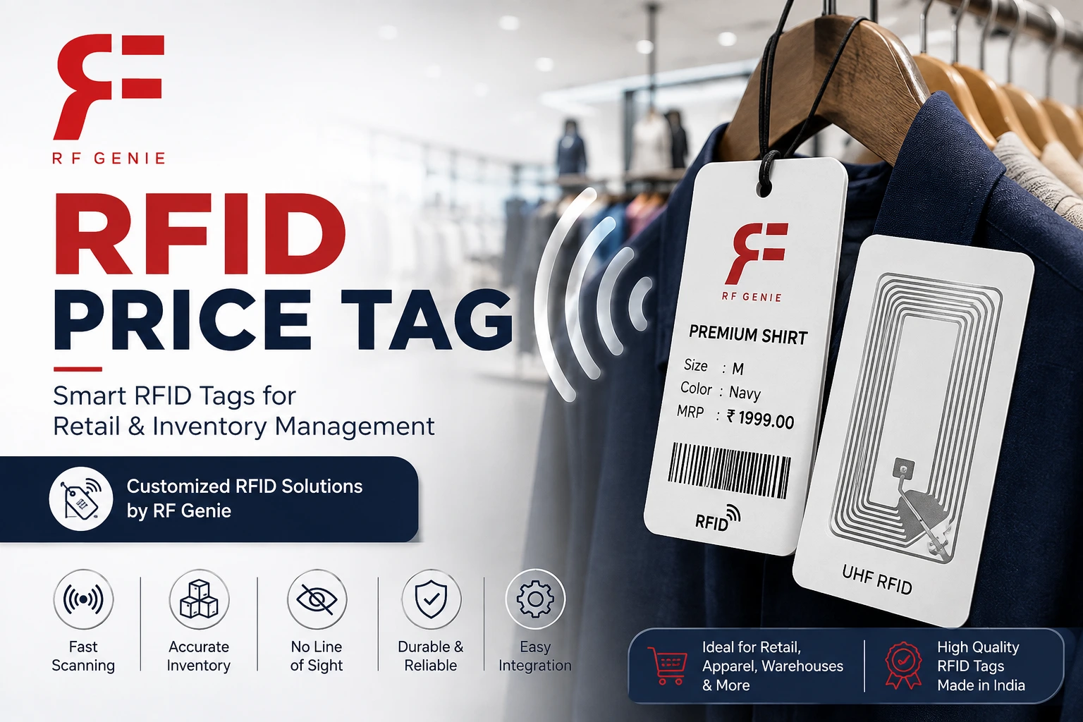 RFID price tag promo banner for RFID solution—retail inventory tagging and management by RF Genie with product tags on clothing